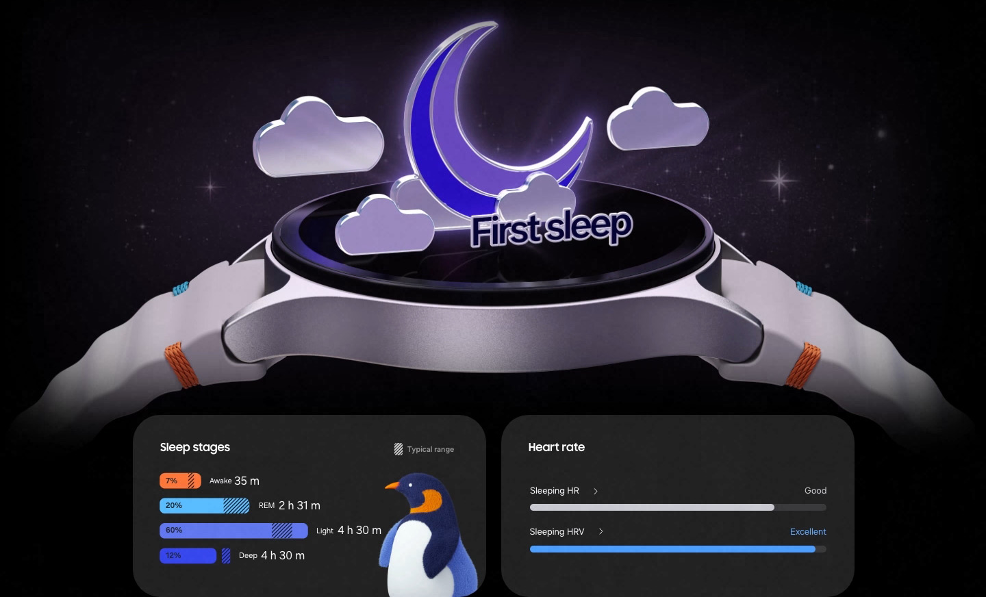 A Galaxy Watch7 is facing upward with animated clouds hovering over the screen and a crescent moon appearing with a text 'First sleep', illustrating the importance of sleep tracking. Below are two cards with sleep metrics, one for sleep stages with bar graphs for Awake, REM, Light and Deep and the other one for heart rate showing bar graphs for Sleeping HR and Sleeping HRV.